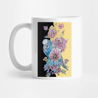 Blue Budgie and Rose Watercolor Painting on Yellow and Black Mug